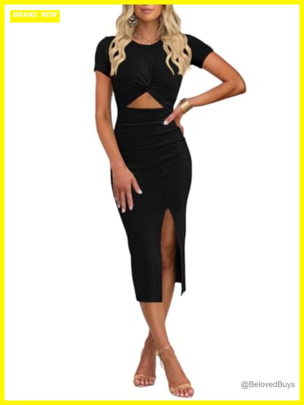 Women's Short Sleeve Cutout Side Slit Midi Dress Rib Knit Bodycon